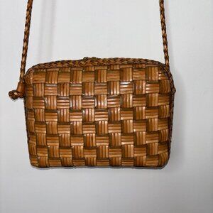 CEM Vintage Woven Leather Crossbody Bag Zip Closure Tan Natural Braided Strap